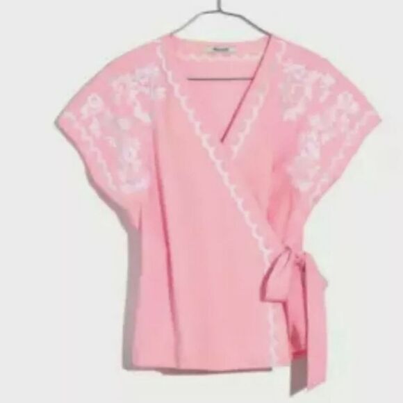 MADEWELL EMBROIDERED SIDE-TIE WRAP TOP PINK WHITE SIZE XS - Picture 1 of 12
